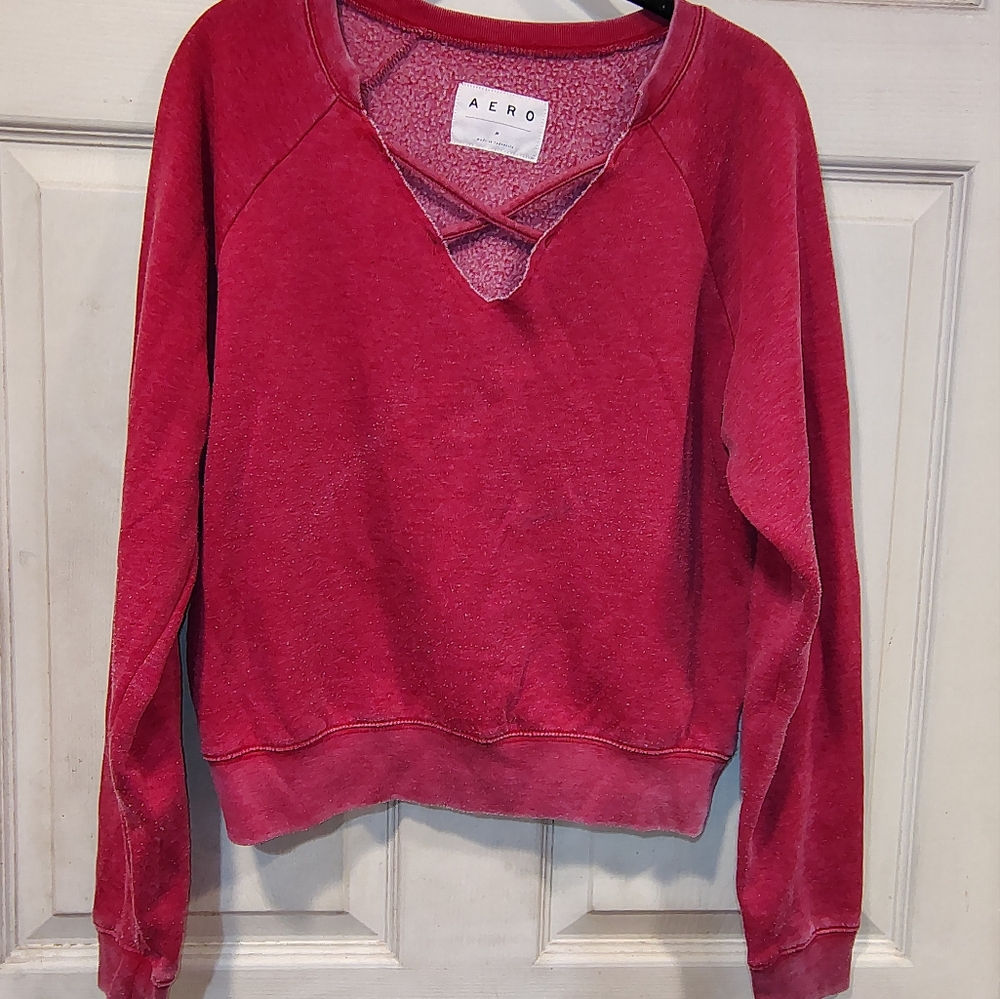 AERO Women's Sweatshirt Size M Faded Red Pullover with V-Neck Crisscross Detail